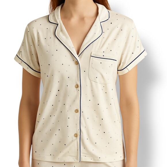 UGG Aimee Star Print Pajama Shirt White Blue Short Sleeve Button Front Jersey XS - Picture 11 of 11